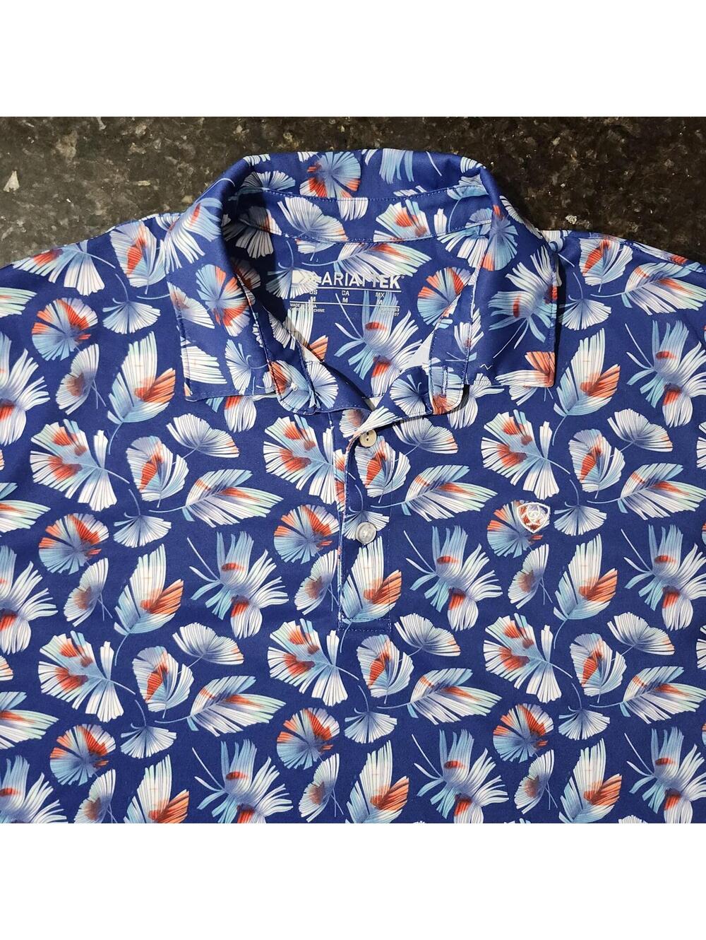 Ariat Tek Performance Stretch Floral Plant All Over Golf Shirt Beach Medium
